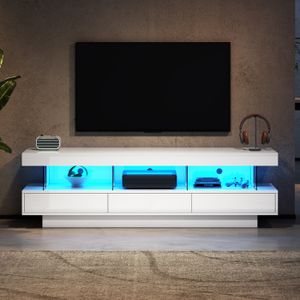 Zepneiy Meuble TV Brillant Blanc Et Bois Avec Lumière LED RGB - Mural Ou Autoportant
