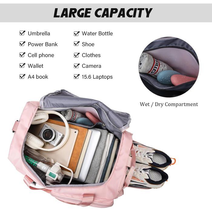 Sac De Sport Polyvalent Avec Compartiments Chaussures Et Humide – Nylon/Polyester – Noir – Pour Gym, Voyage, Week-end