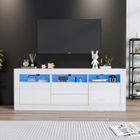 NALOOKAMIC Meuble TV Blanc Haut Brillant avec Eclairage LED, 2 Portes 2 Tiroirs, Compartiments, Armoire TV, 160cm