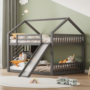 SOMMIER Lit superposé 140x200cm avec escalier de rangement et toboggan,lit cabane,lit enfant avec balustrade,adapté aux enfants,gris