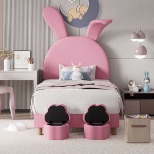 STRUCTURE DE LIT Lit enfant Lit LED 90x200 avec tabourets de rangement oreilles de lapin escamotables tête de lit réglable en hauteur rose