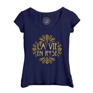 T-SHIRT T-shirt Femme Col Echancré Bleu La Vie en Rose Vintage Luxe Rétro Chic Français