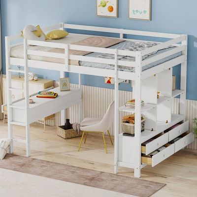 Lit Mezzanine Enfant Avec Bureau Et Tiroirs - Structure Fer Et MDF, 90x200 Cm - Bande LED Télécommandée, Escalier Sécurisé - Sans Matelas