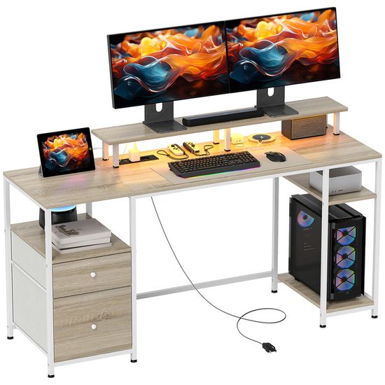 ODK Bureau D'angle Avec LED Et Support Pour Moniteur, Bureau Avec Petits Et Grands Tiroirs Pour Dossiers, Table Noir Avec Port USB Et Prise à Domicile, 168×165cm