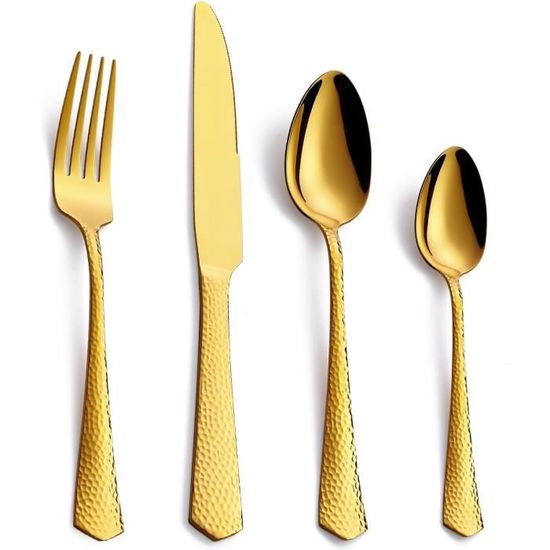 Lot De 16 Couverts De Noël En Inox Doré - 8 Fourchettes & 8 Cuillères à Dessert à Motifs Festifs