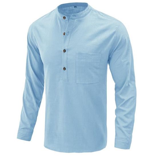 Chemise D'été En Lin Pour Homme - Manches Courtes, Col Montant - Respirante Et Confortable - Couleur Unie