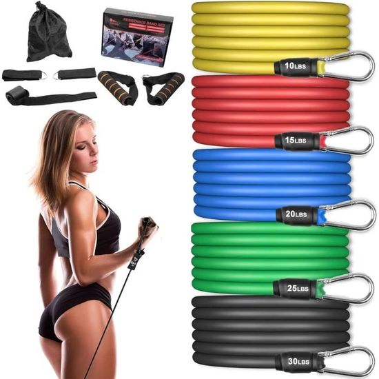 Élastiques Musculation PORTENTUM - 5 Niveaux Jusqu'à 68kg, Kit 12 Pièces Multicolore