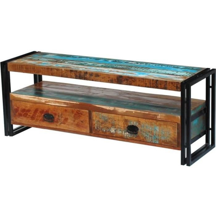Meuble TV Industriel - Meuble Vintage Multicolore - Bois de Récupération Massif - 120 x 35 x 45 cm