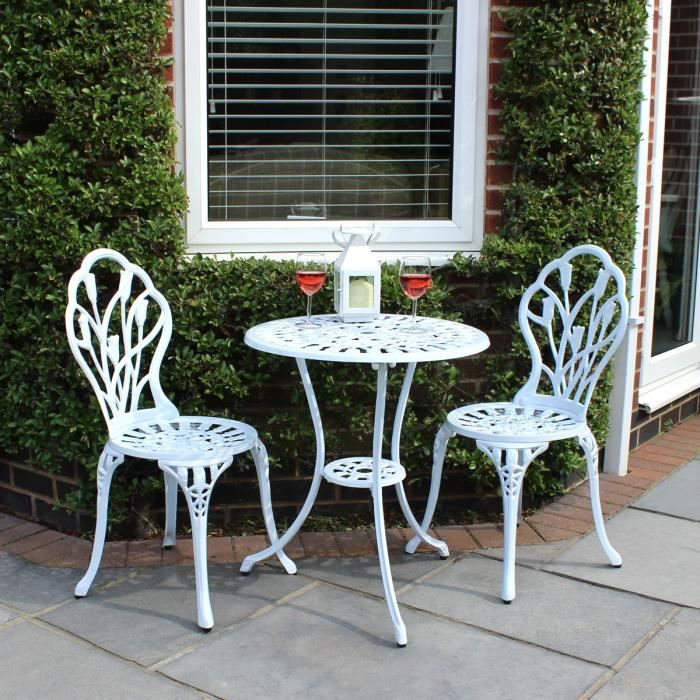 Lot de 2 chaises, 1 table tulipes - jardin style bistro - alu moulé - blanc