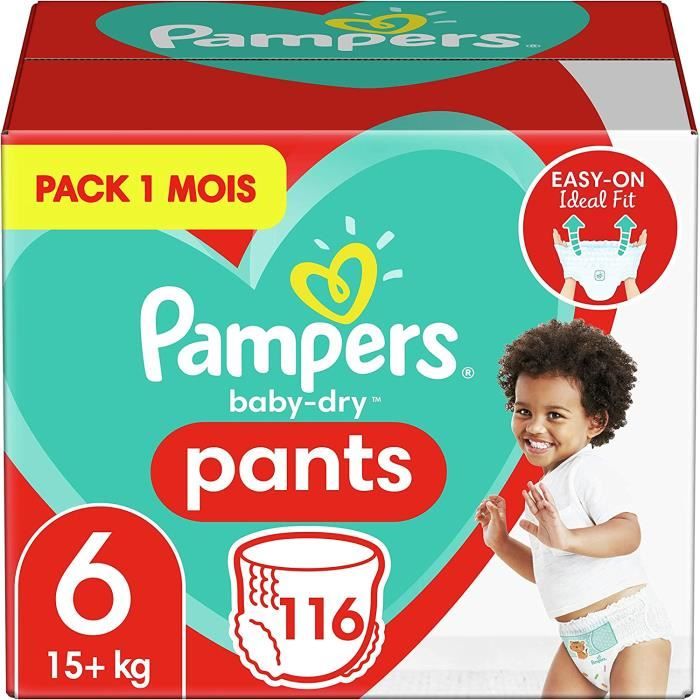 Pampers Couches-Culottes Baby-Dry Pants Taille 6 (+15kg) Maintien 360° pour Éviter les Fuites, Faciles à Changer, 116 Couches-Culott