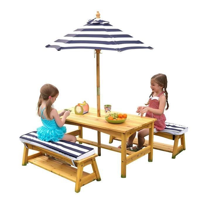 Salons de jardin KidKraft 106 Ensemble table et bancs avec coussins et parasol, meuble de jardin enfant - coloris rayé b 77902