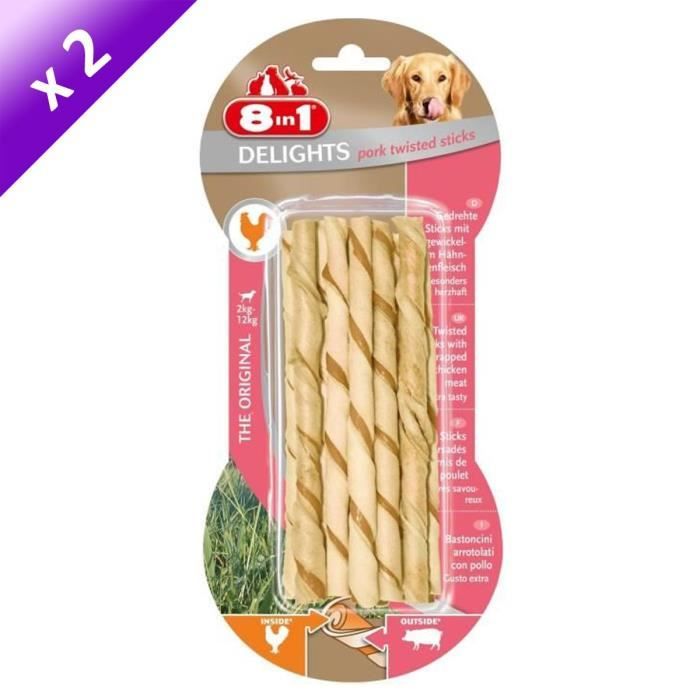 8in1 Lot de 2 Delights Porc Sticks Torsadés 10pcs Os à mâcher pour chien 55g