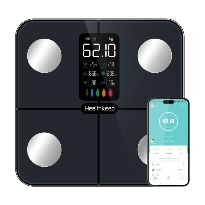 Pèse Personne Balance Connectée Impédancemètre avec Affichage VA Fréquence Cardiaque avec 15 Données Corporelles pour Android et iOS