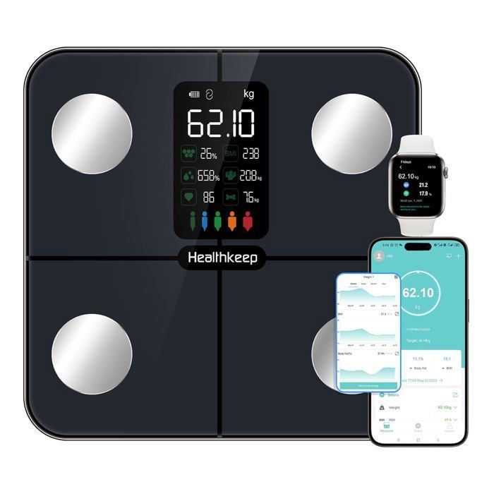 Pèse Personne Balance Connectée Impédancemètre avec Affichage VA Fréquence Cardiaque avec 15 Données Corporelles pour Android et iOS