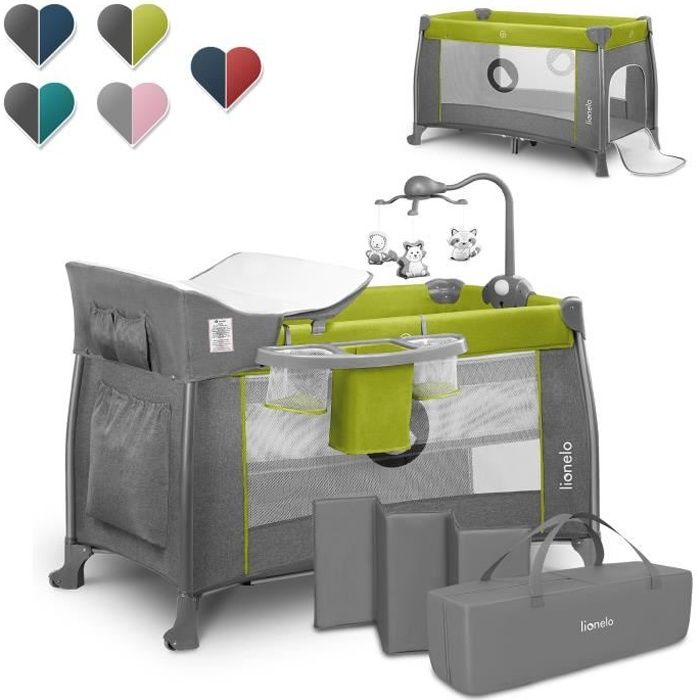 LIONELO Lit parapluie bébé Thomi avec table à langer jouets et accessoires - Gris Vert