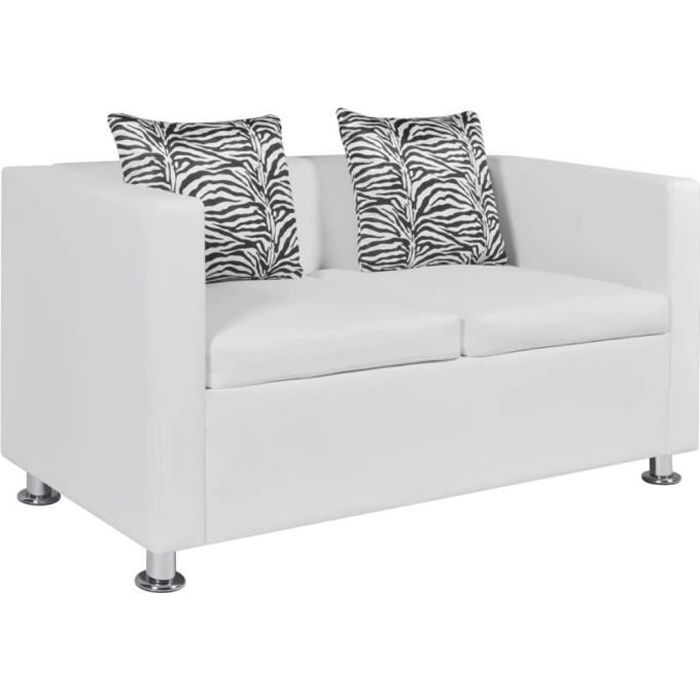 Canapé Droit Sofa 2 places Deux oreillers Cuir synthétique Blanc 120 x 62,5 x 63 cm