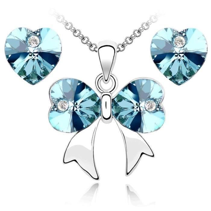 Parure Bijoux Cristal Forme Coeur Turquoise Swarovski Elements Plaqué Or Blanc 750
