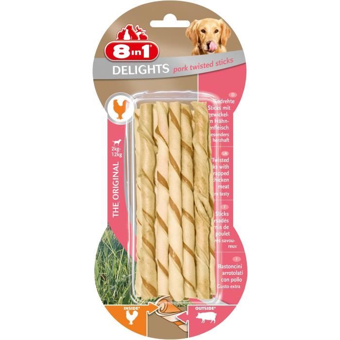 8IN1 Friandise stick à mâcher - En peau de porc garni de viande poulet - Pour chien - 10 pièces