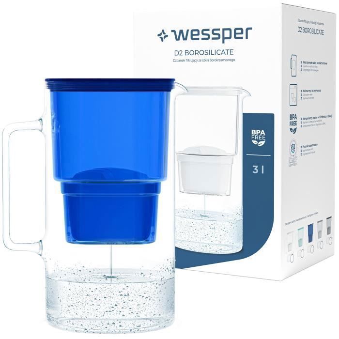 Wessper bleu marine Carafe en verre 2.5 Litres avec 1 filtre à eau (compatible avec Brita Maxtra) Eau filtrée avec grand goût