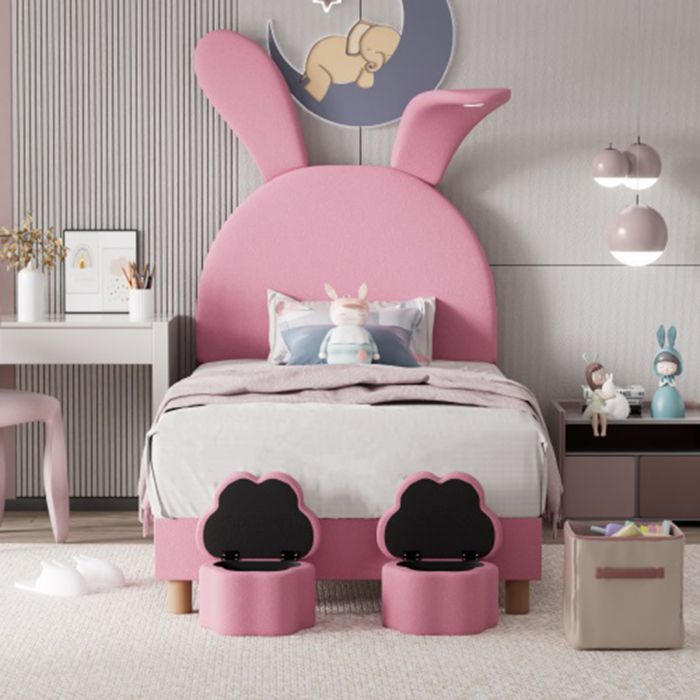 Lit enfant Lit LED 90x200 avec tabourets de rangement oreilles de lapin escamotables tête de lit réglable en hauteur rose Lit enfant Lit LED 90x200 avec tabourets de rangement oreilles de lapin escamotables tête de lit réglable en hauteur rose