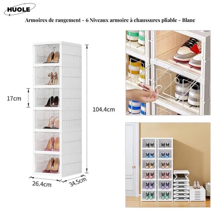 Meuble à chaussures pliable avec portes transparentes - Armoires de rangement - 6 Niveaux armoire à chaussures pliable - Blanc