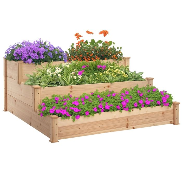 Carré Potager de jardin - Outsunny - en Escalier 3 Niveaux - en Bois massif - 120 x 120 x 56 cm - effet Bois Naturel