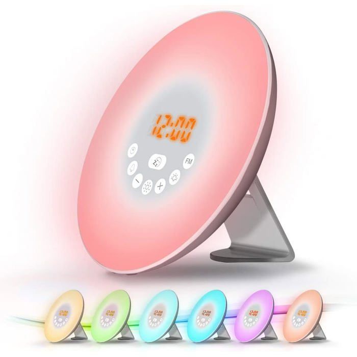 Radio Réveil Lumineux Lampe de Chevet Réveil Lumière LED Tactile Contrôle Sunrise Sunset Snooze 6 Sons Naturels 7 Couleurs