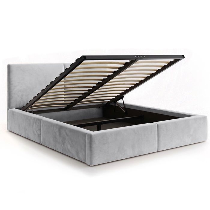 Lit coffre rembourré 140x200 cm2 places avec sommier relevable gratuit inclus et tête de lit - Gain de place -Gris Lit coffre rembourré 140x200 cm2 places avec sommier relevable gratuit inclus et tête de lit - Gain de place -Gris