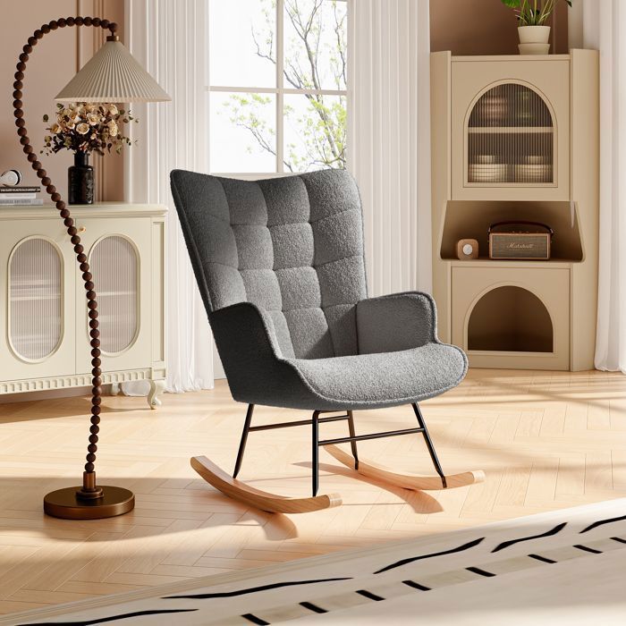 92x75x69 cm Chaise à bascule en velours gris foncé chaise à bascule avec cadre en bois massif et coussin souple - ergonomique