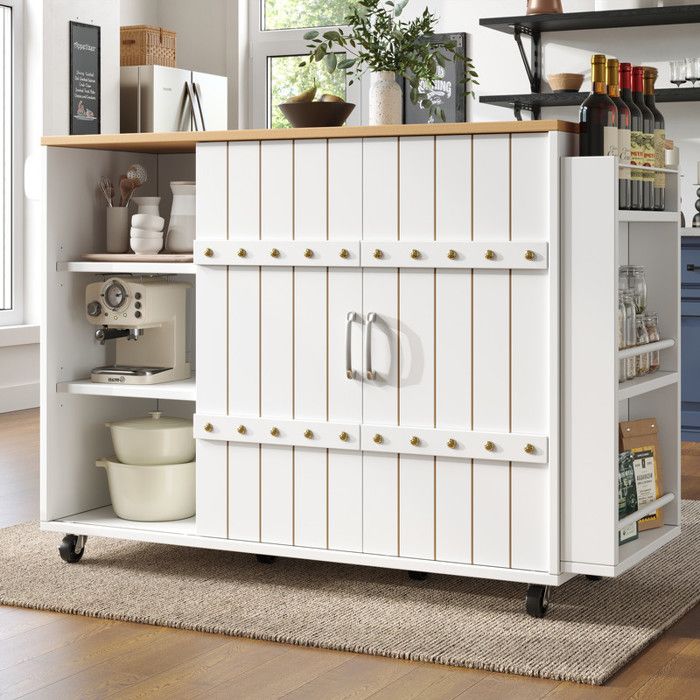 Desserte Cuisine - Blanc - Plateau Pliable 42-70cm - Portes Coulissantes - 3 Tiroirs