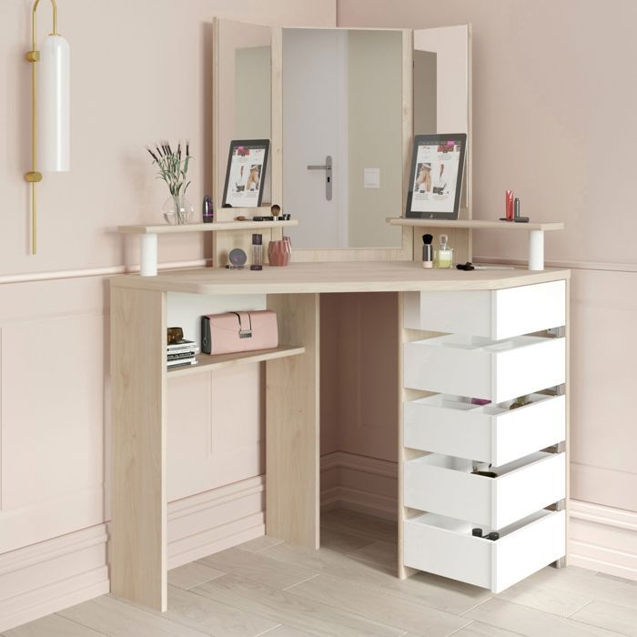 Coiffeuse dangle avec miroirs et rangements bois naturel - Bois naturel - Fabriqué en France - Terre de Nuit