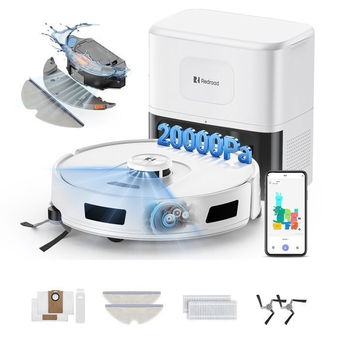 Aspirateur Robot Laveur 4-en-120000 Pa-Redroad R11-200min AutonomieVidange Autoavec Navigation LiDARCharge Autoavec App - Redroad