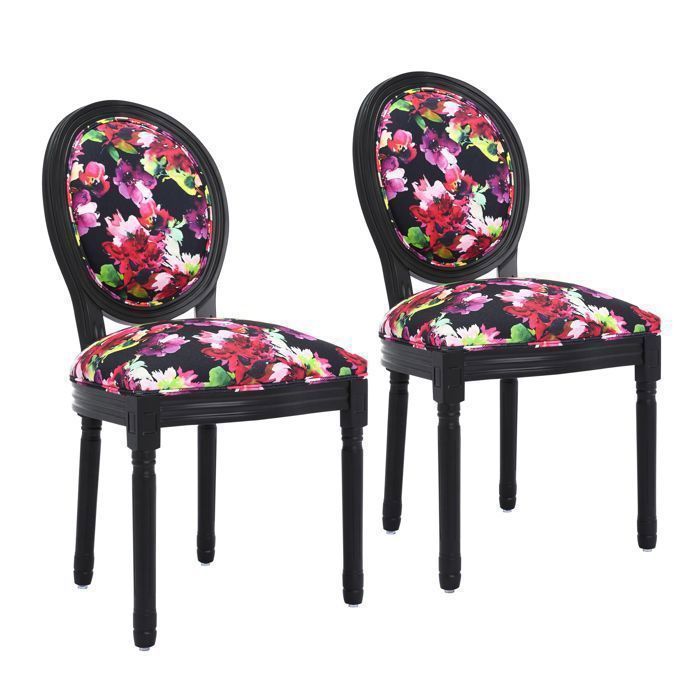 Lot de 2 Chaises de Salle à Manger Design en Bois Massif & Toile Fleurie – Élégance Confort et Robustesse