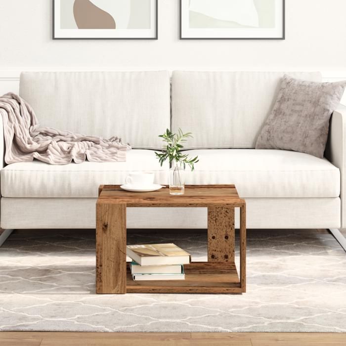 Table basse carrée en bois récupéré 515 x 515 x 30 cm – style campagne finition teintée marron