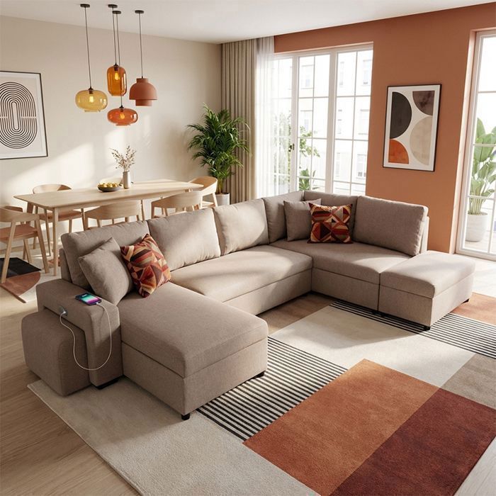 VEGA Canapé dangle panoramique convertible Beige SABLE (tissu texturé) - Taille XL - 6 places - 326 x 157 x 83