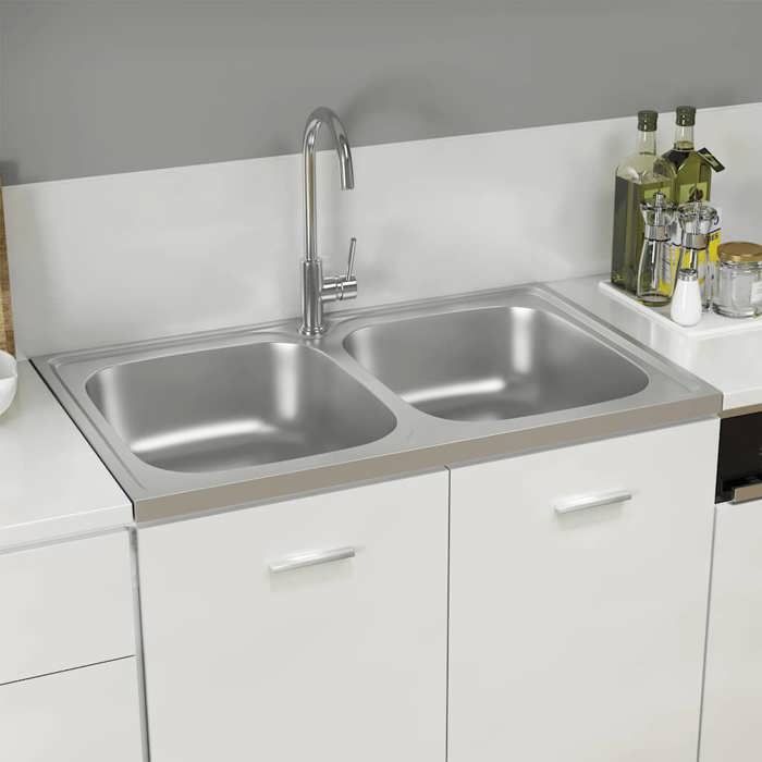HSF®Évier de cuisine à - 2 bacs - Résistance à la chaleur jusquà 280 ° C - lavabo argenté 800x500x155 mm inox cvk67736