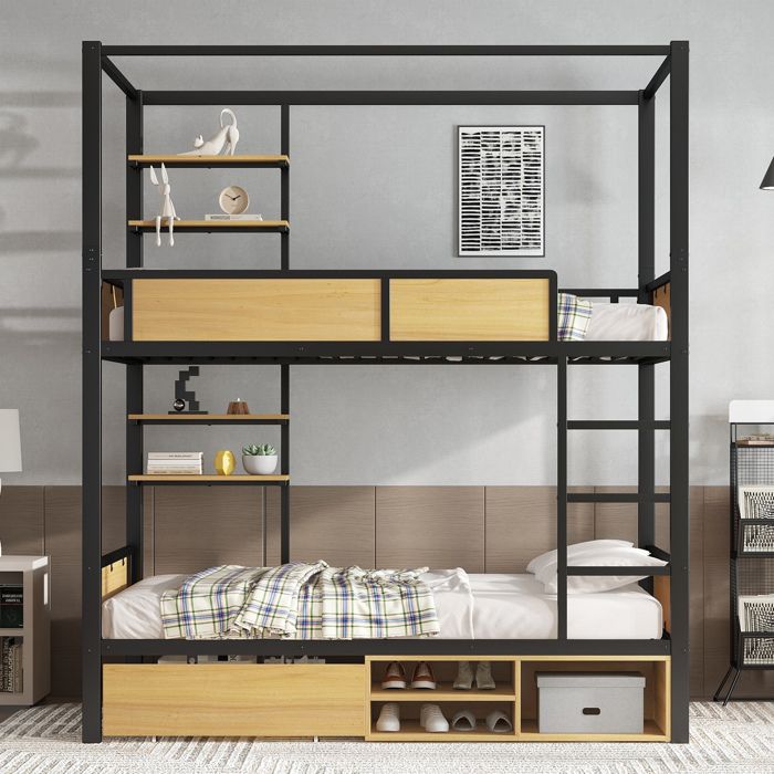 Lit Superposé Métal 90x200 cm Lit Mezzanine Enfant avec Échelle de Rangement Fenêtre Sommier à Lattes Noir (sans matelas)