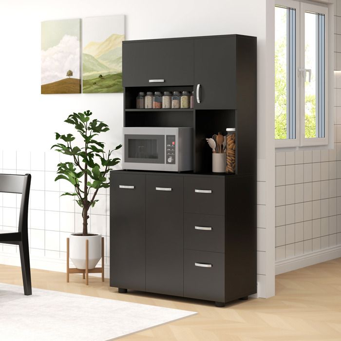 Armoire de cuisine multi-rangements 4 portes 3 tiroirs étagère + grand plateau 89L x 395l x 168H cm noir