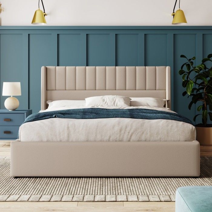 Lit Double 180x200cm-Coffre Hydraulique Rangement-Tête de Lit Rembourrée-Sommier Lattes Bois Renforcé-Tissu Lin Beige sans Matelas