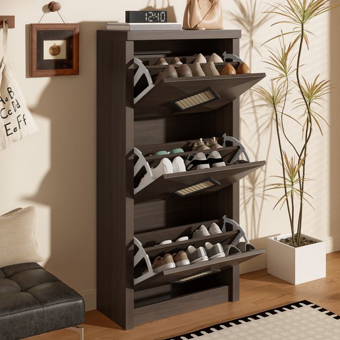 Meuble à chaussures rotin - MODERNLUXE - 54x25x115 cm - 3 étagères rabattables - Style campagnard - Marron Meuble à chaussures rotin - MODERNLUXE - 54x25x115 cm - 3 étagères rabattables - Style campagnard - Marron