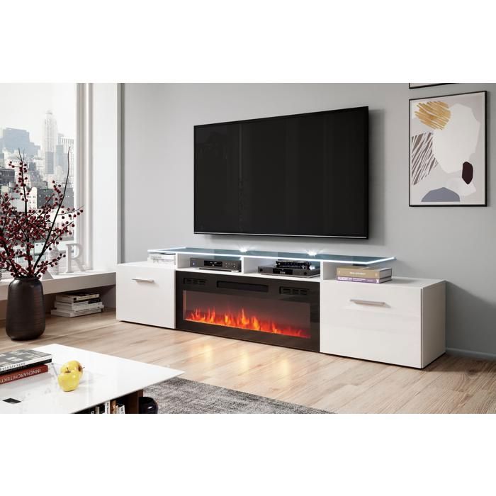 Meuble TV ROVA EF 190 cm blanc brillant avec cheminée électrique noire et LED