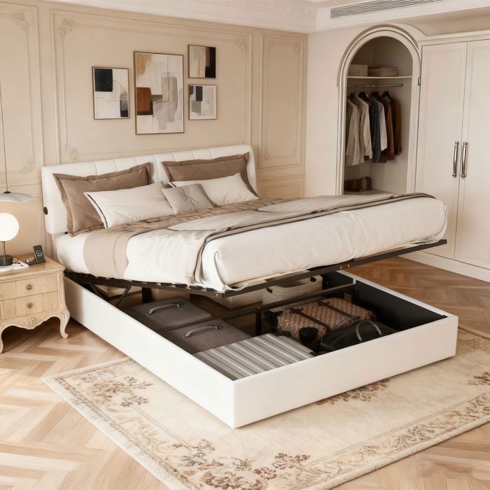Lit coffre 140x190 - POCKETPOP - Velours Teddy blanc laiteux - Tête de lit réglable - Cadre de Lit avec Sommier à Lattes - 2 places