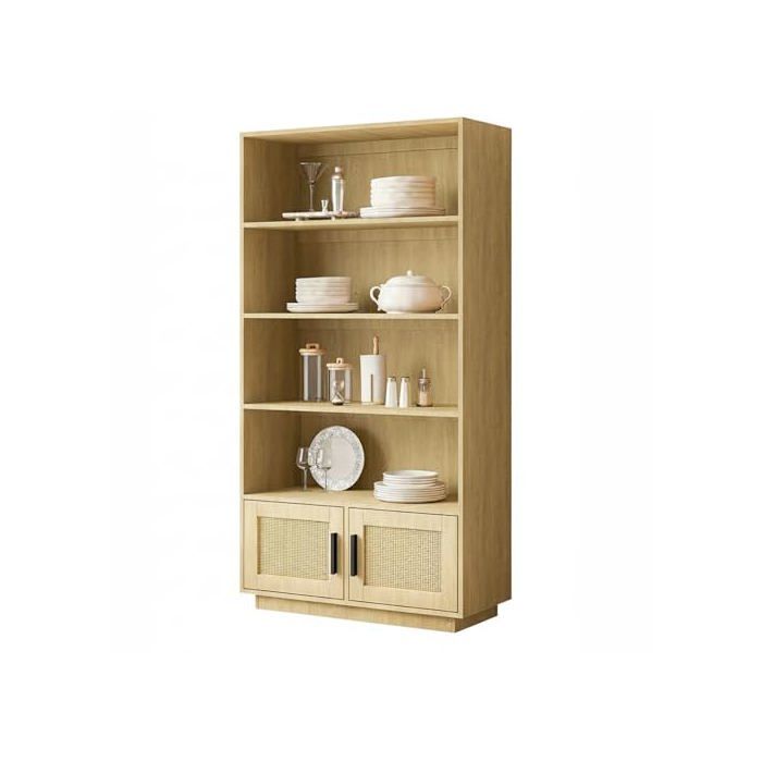 Bibliothèque Étagère avec 4 Casiers Ouverts et 2 portes en rotin Meuble de Rangement Multifonctionnel 80x30x150 cm Bois naturel
