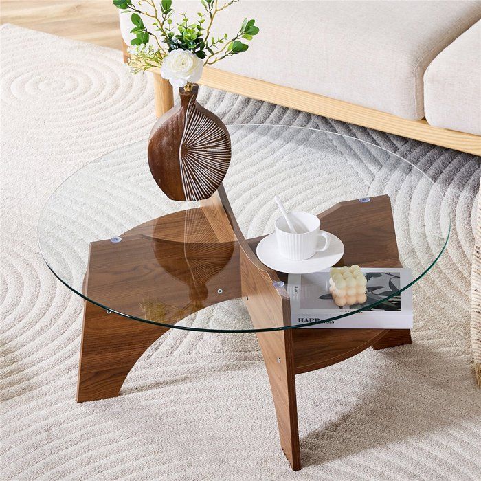 Table Basse Moderne Ronde Verre Trempé Table Basse Salon Transparente avec Pieds en Éventail Bois Noyer et Compartiment 80x80x36 cm