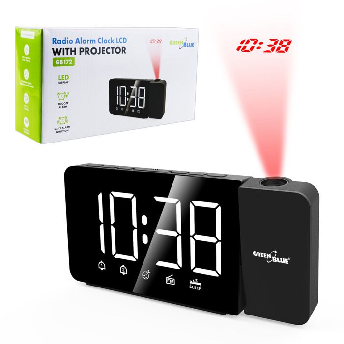 Radio-réveil numérique LED - GREENBLUE - GB172 - Projection de lheure - Réveil FM - USB + CR2032
