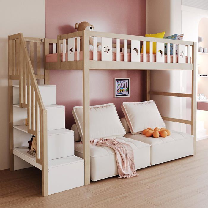Lit Mezzanine Enfant 90x200 cm avec Escalier Rangement et Garde‑Corps Haut Décor Étoiles et Lune Couleur du Bois (sans Matelas)