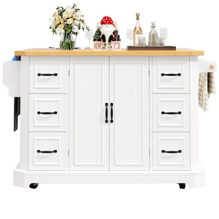 Îlot de cuisine mobile sur roulettes meuble de cuisine avec 2 portes et 6 tiroirs desserte de rangement blanc 120x45-75x91cm Îlot de cuisine mobile sur roulettes meuble de cuisine avec 2 portes et 6 tiroirs desserte de rangement blanc 120x45-75x91cm
