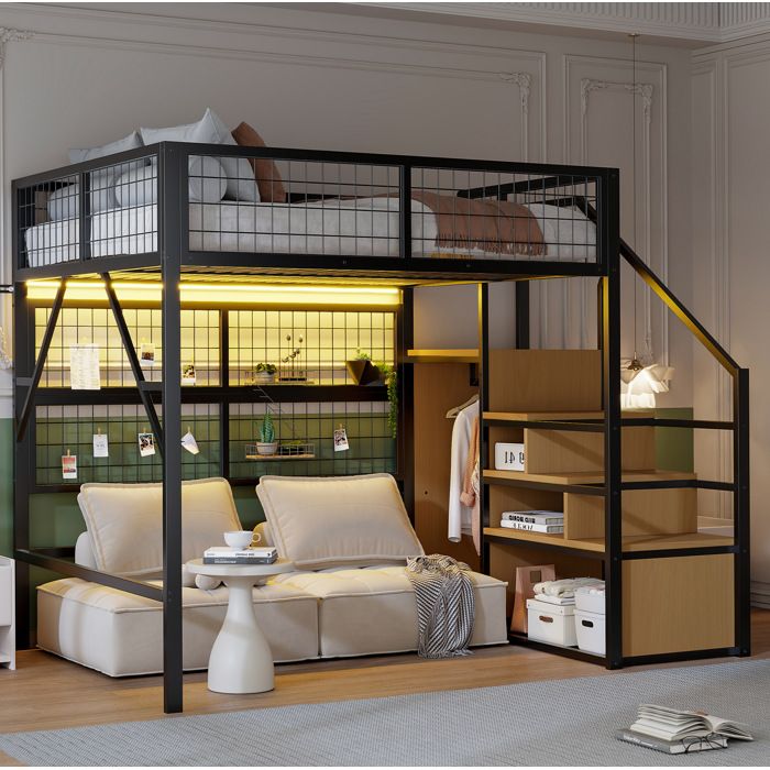 Lit mezzanine 140 x 200 cm noir en métal avec LED escalier rangement et penderie ouverte