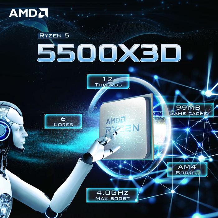 AMD Ryzen 5 5500X3D - Processeur Gaming 6 Cœurs / 12 Threads - Socket AM4 - Version TRAY (Sans ventilateur)