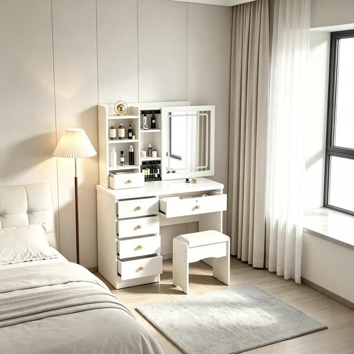 Coiffeuse avec Miroir et Tabouret - WILITTO - 6 Tiroirs et étagères Ouvertes - LED avec 3 couleurs - 80x36x132cm